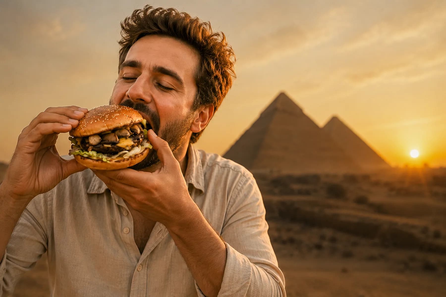 Guest enjoying a camel burger in front of the Pyramids